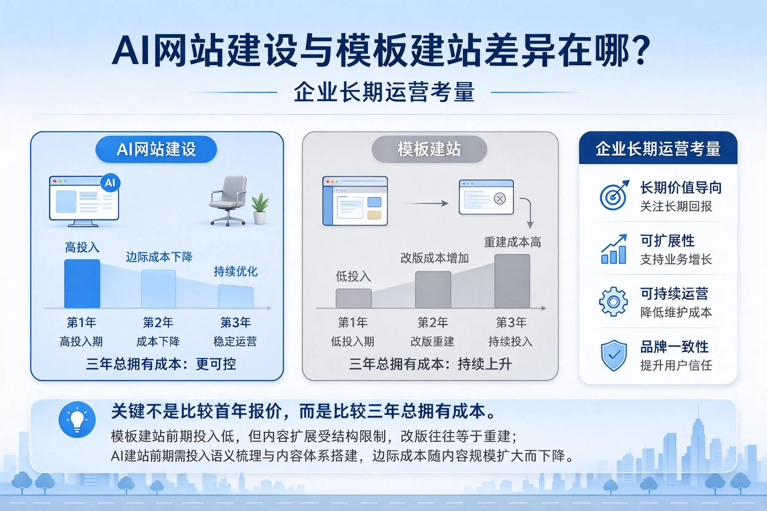 AI网站建设与模板建站差异在哪?咸宁企业长期运营考量